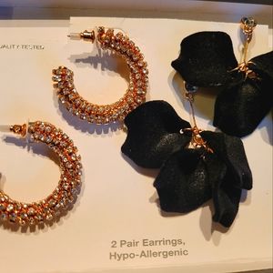 2 Pairs Gorgeous Earrings Felt Flower Petals & Pave CZ Chunky Hoops